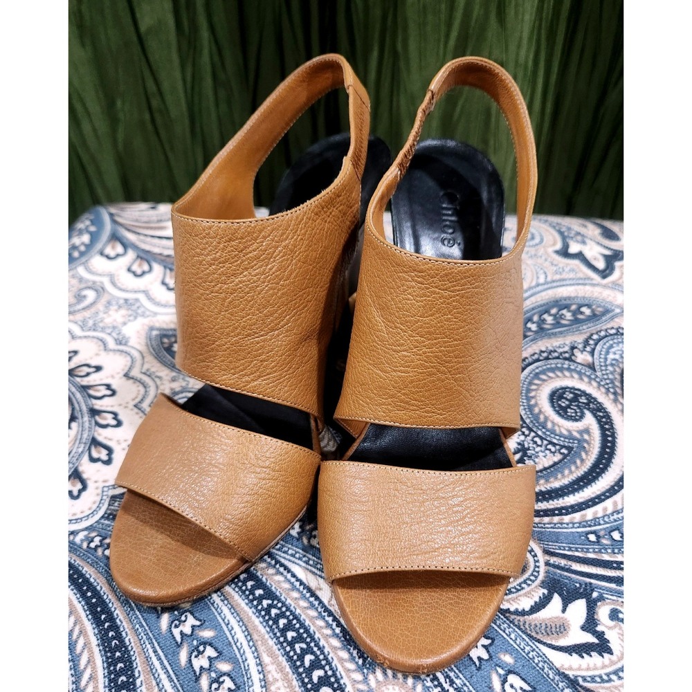 Chloe Tan Pebbled Leather Gold Accent Wedge Sandals Slingback Peep Toe Size 36